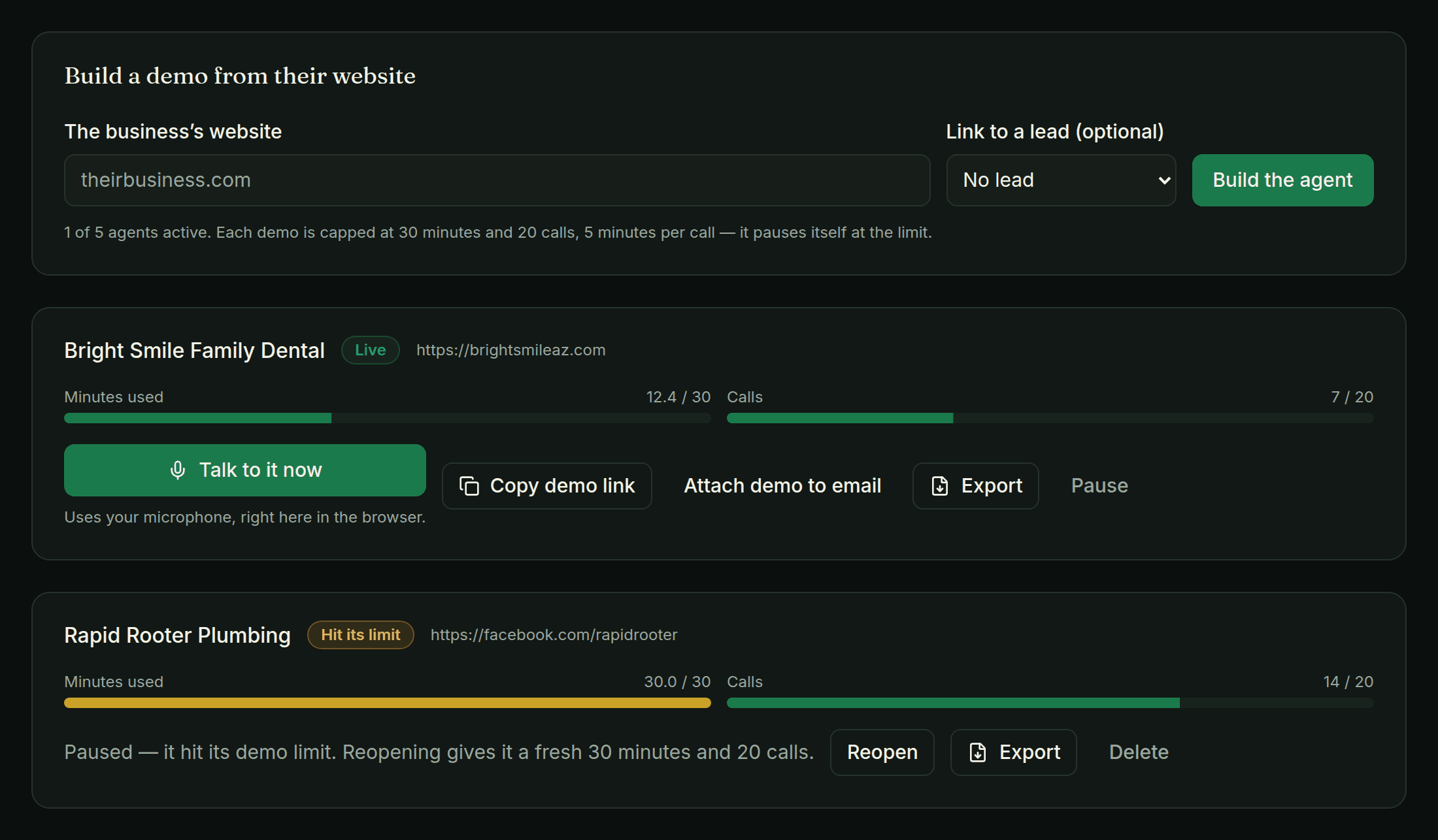 The AI Agents screen